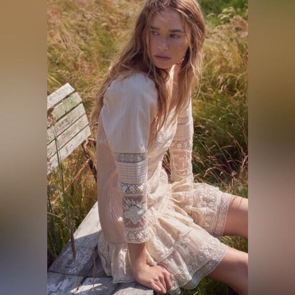 Loveshackfancy Cotton Lace Ruffles Mini Dress 3/4th Sleeves Floral Cream Size 6 - Picture 16 of 16